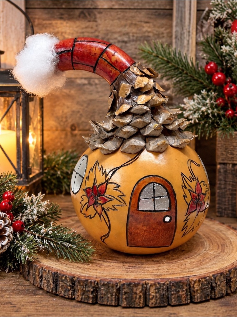 Gourd Santa House Christmas Folk Art Pine Cone Hat Hand Painted Carved Decor 9”